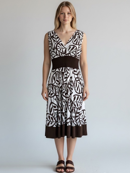 Rabbit Rabbit Rabbit Dresses & Skirts - Rabbit Rabbit Rabbit Designs Brown White Leaf Print Sleeveless Midi Dress 8
